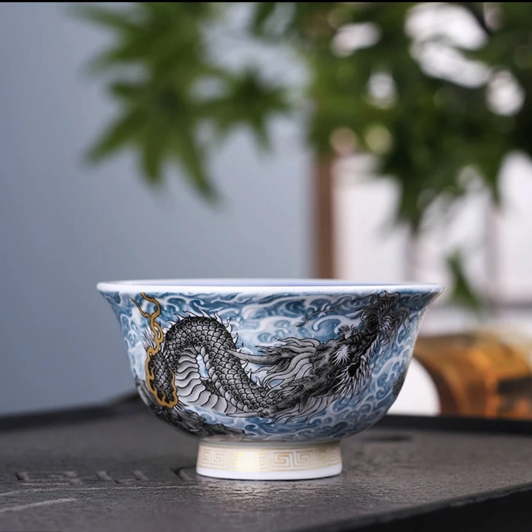 景德镇陶瓷手工珐琅彩缠枝海水龙纹主人杯手绘高端茶具压手杯茶杯