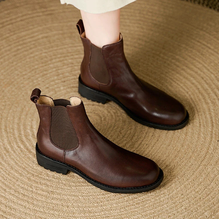 中跟圆头低跟切尔西靴牛皮瘦瘦靴单靴百搭粗跟复古真皮秋冬短靴女