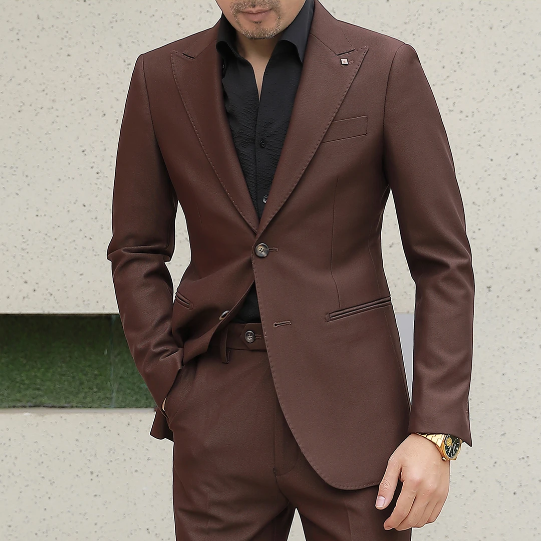 劲郎2405深棕色两粒扣戗驳领单开礼服西装套装修身西服套装
