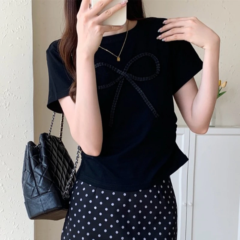 2025新款胖MM大码女装辣妹蝴蝶结短袖T恤潮修身圆领正肩收腰上衣