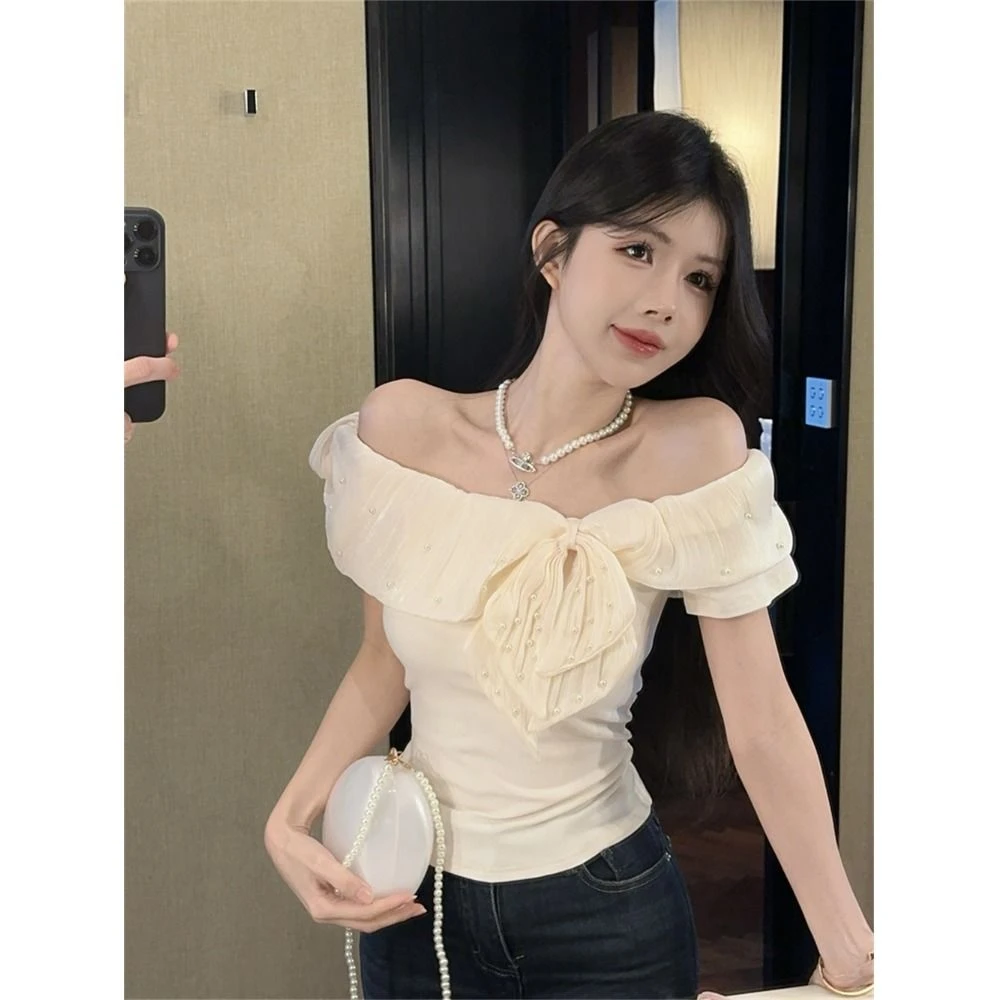 夏季纯欲风一字领拼钉珠堆堆袖收腰上衣甜美荷叶边套头短款T恤女