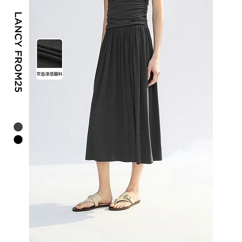 朗姿2025年夏季新款高级感黑色半裙子气质法式长款a字直筒半身裙