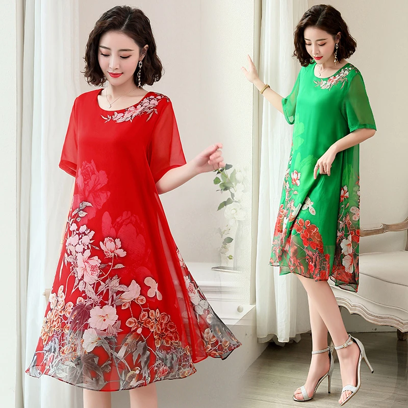 连衣裙2022年夏季潮流舒适简约时尚中长款大码连衣裙显瘦遮肚长裙