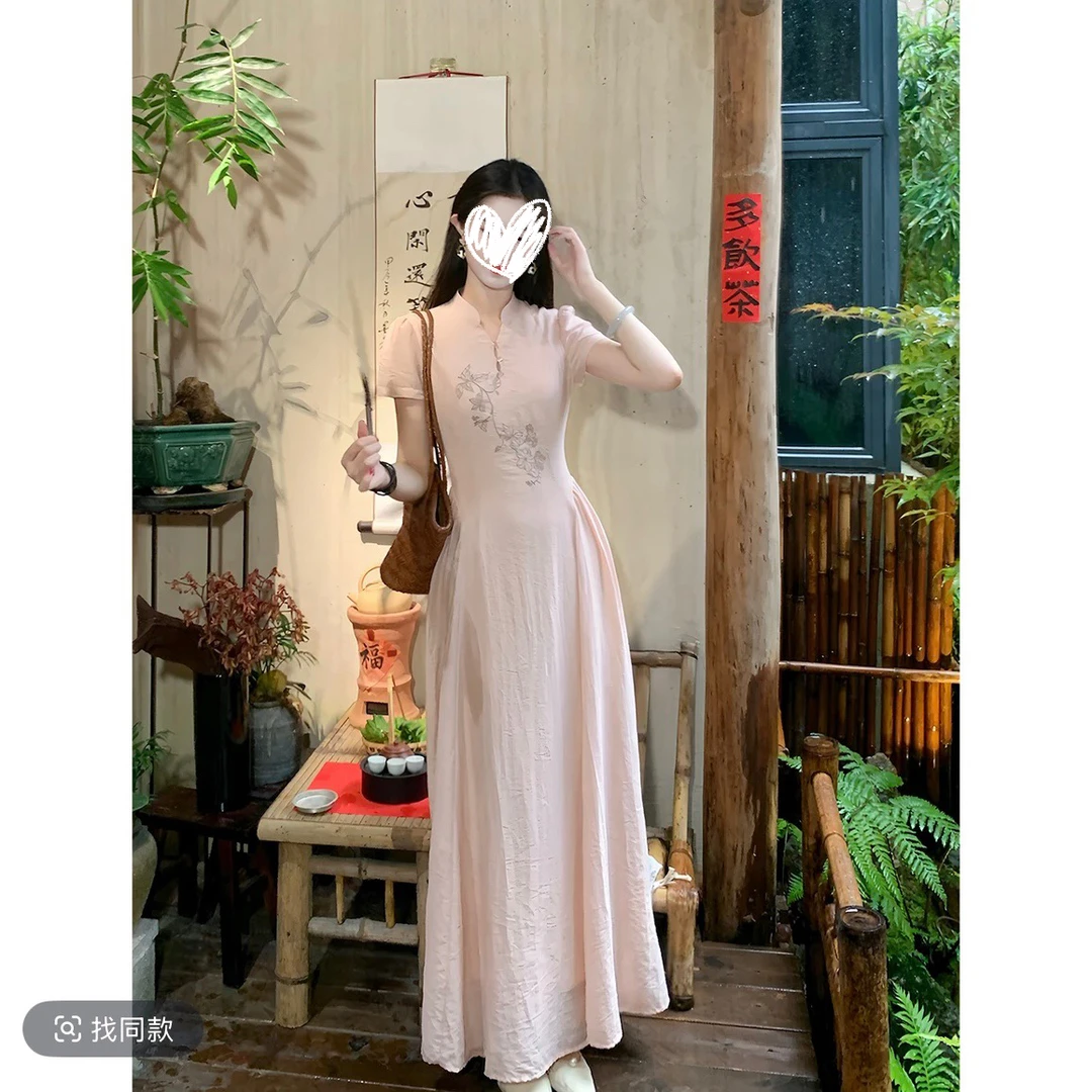 凌茜恣禾凌霄国风新中式橘粉色刺绣旗袍气质氛围感修身旗袍长裙