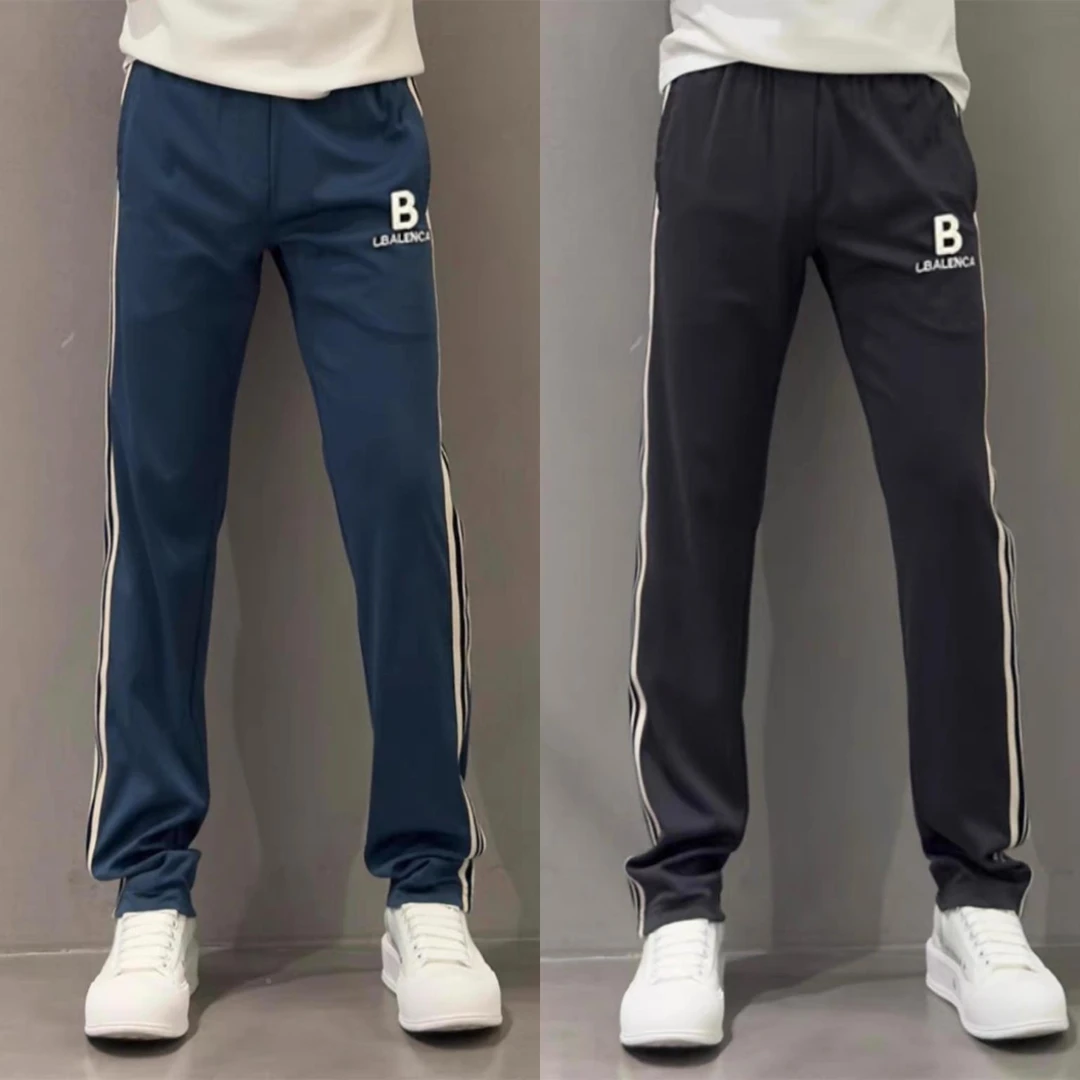 高档拼接条纹休闲运动裤男春秋薄款宽松直筒裤潮牌刺绣百搭阔腿裤