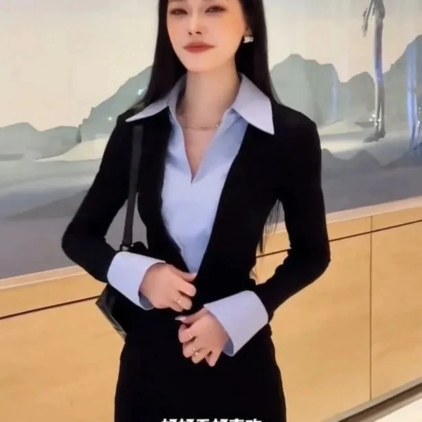 韩系撞色假两件V领长袖打底衫女2025春夏新款遮肉修身显瘦上衣潮