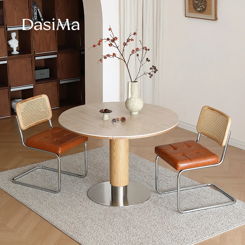 大司马法式复古风实木岩板餐桌椅组合家用小户型可折叠吃饭圆餐桌