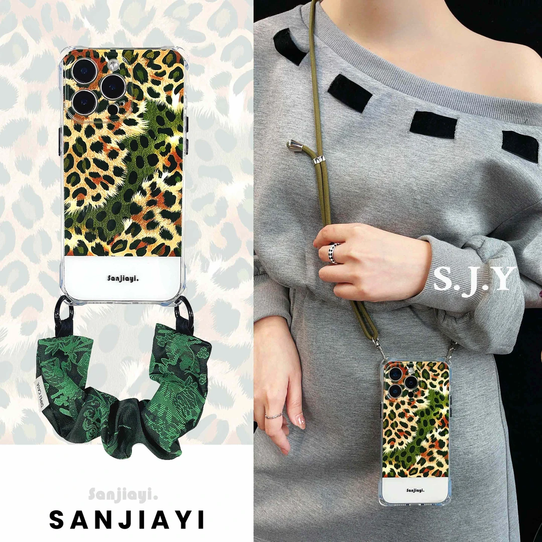 潮酷个性豹纹斜挎手机壳四角开孔全包适用苹果16pro华为手提小米