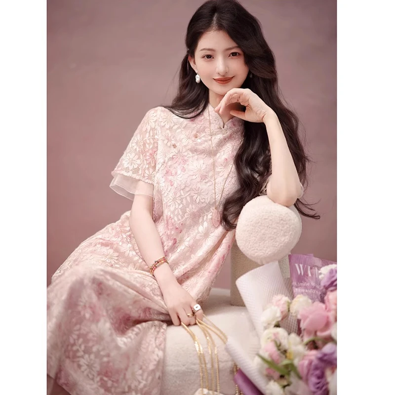 SS391国风改良春樱-旗袍中长款连衣裙｜彩绣蕾丝气质显瘦连衣裙