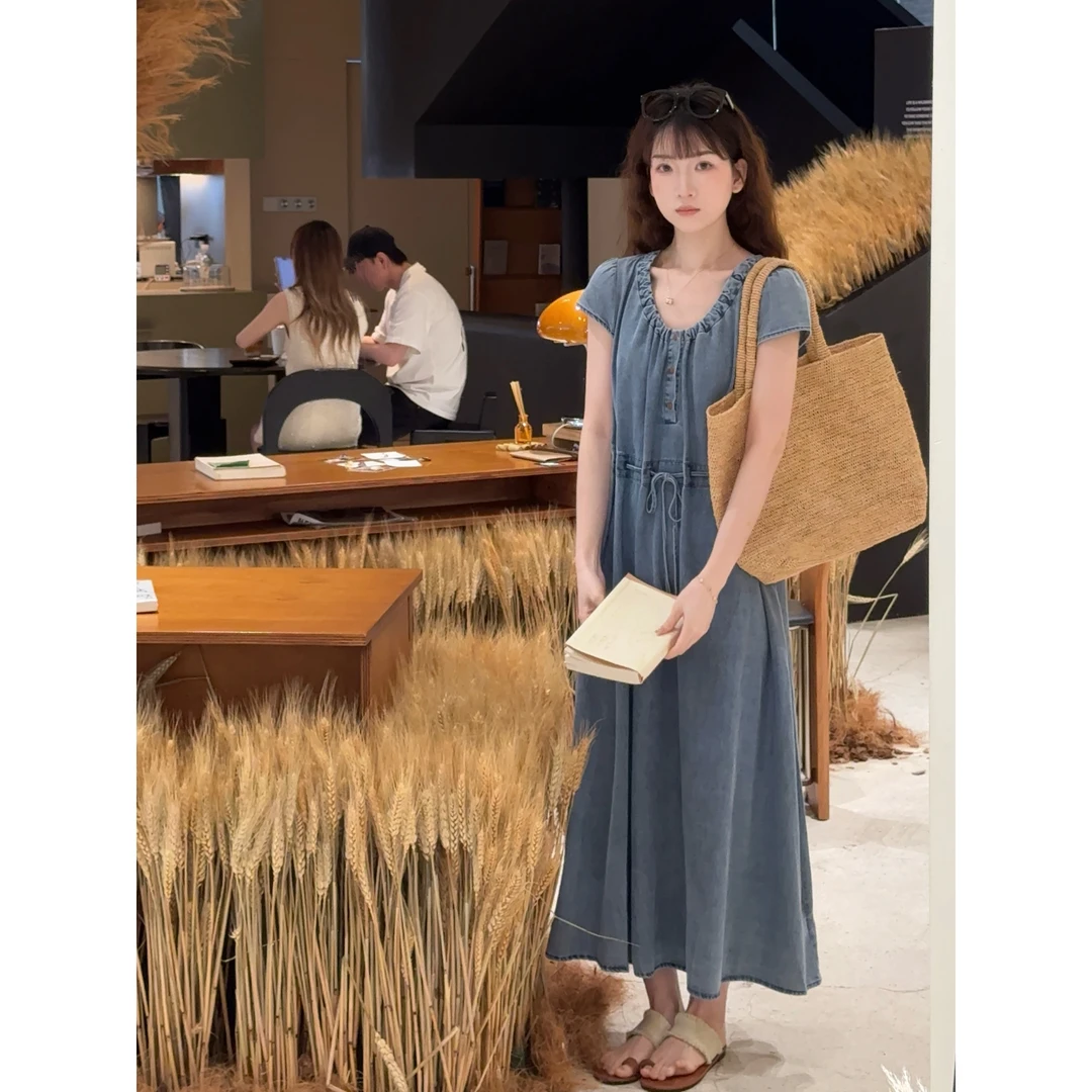 小冰涡 韩系U领抽绳绑带收腰牛仔连衣裙