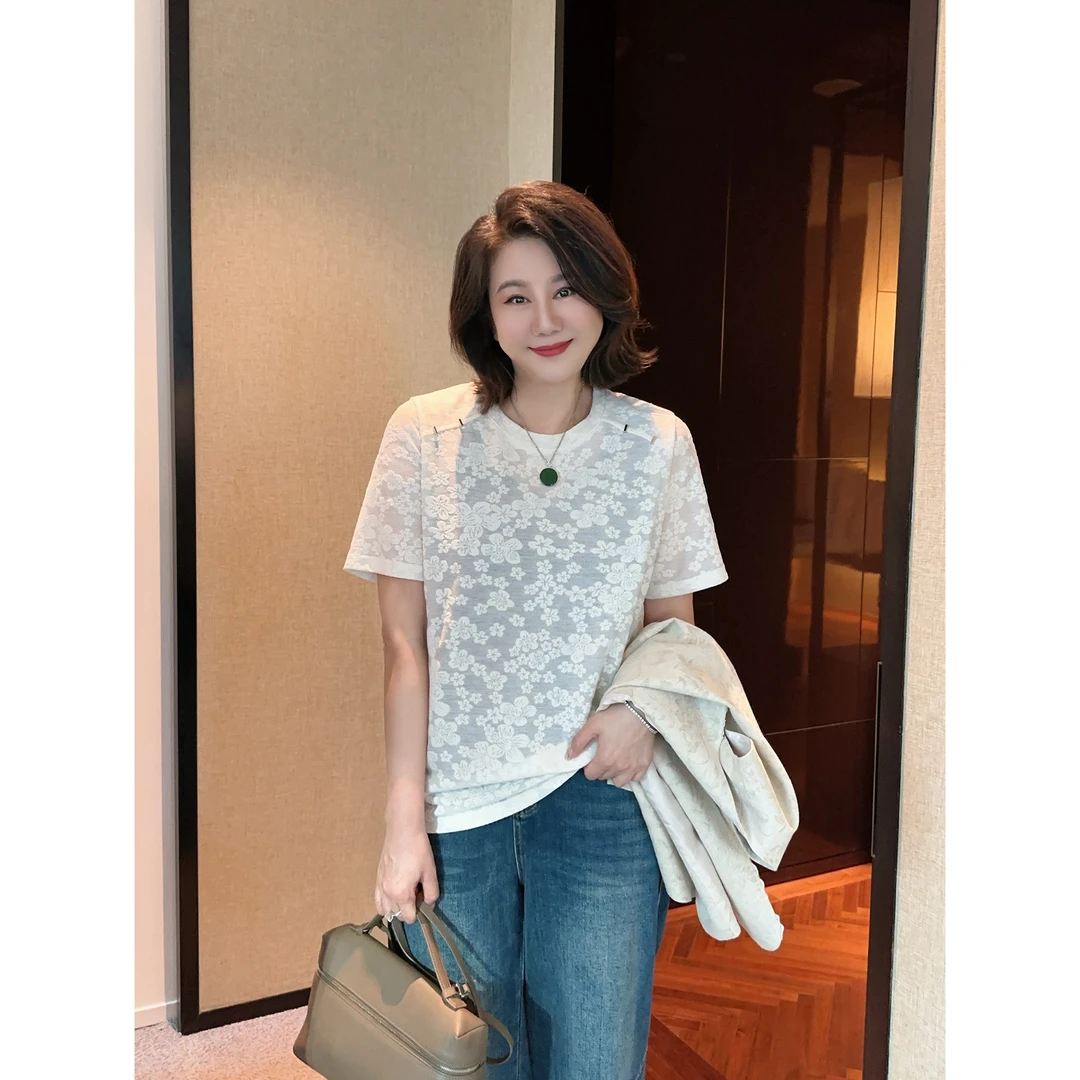 微胖女装【温柔以待】雏菊提花蕾丝半袖T恤短袖上衣小众炸街20610