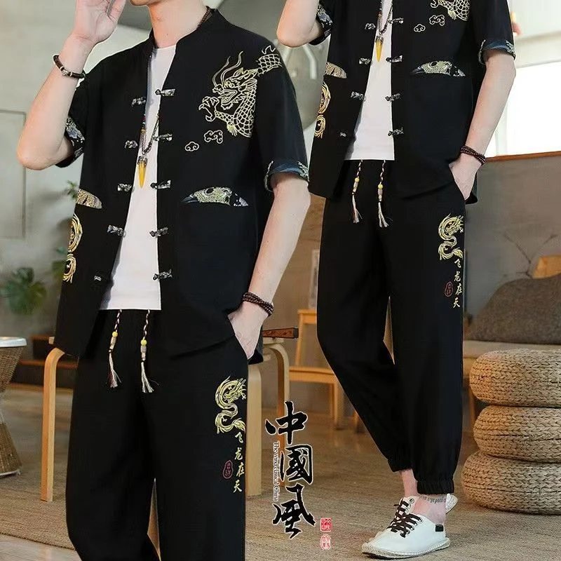 唐装男士夏季中国套装中式薄款休闲短袖男装民族汉服复古两件套