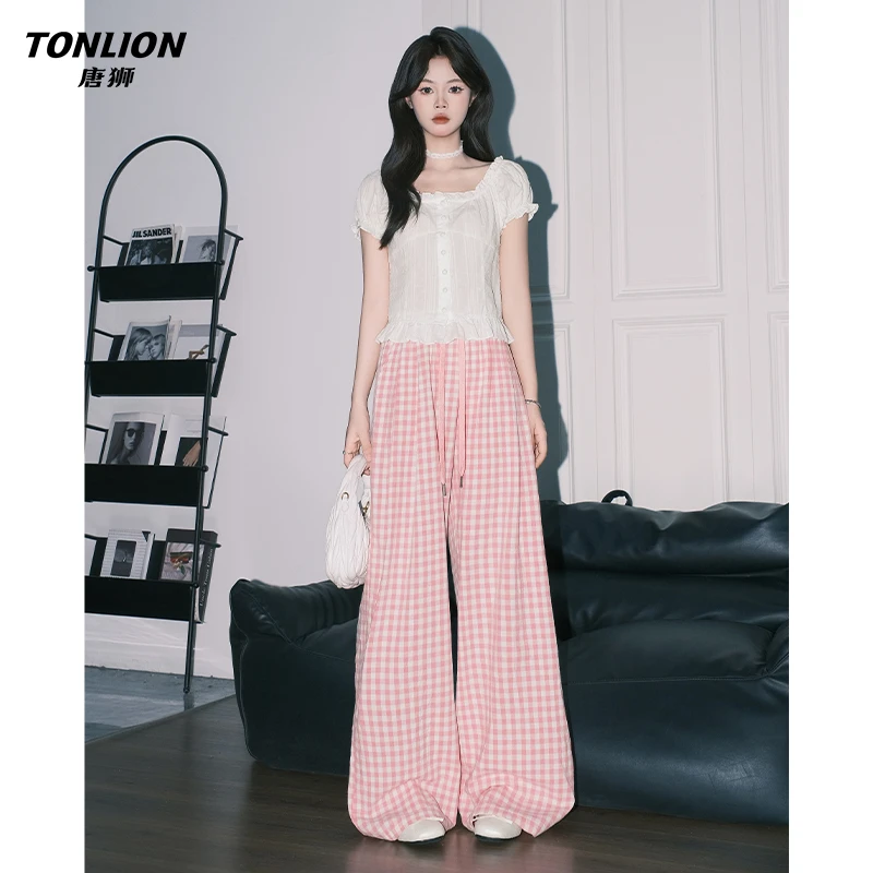 唐狮多巴胺粉格子阔腿休闲裤女夏季新款高腰宽松垂感直筒遛弯裤子
