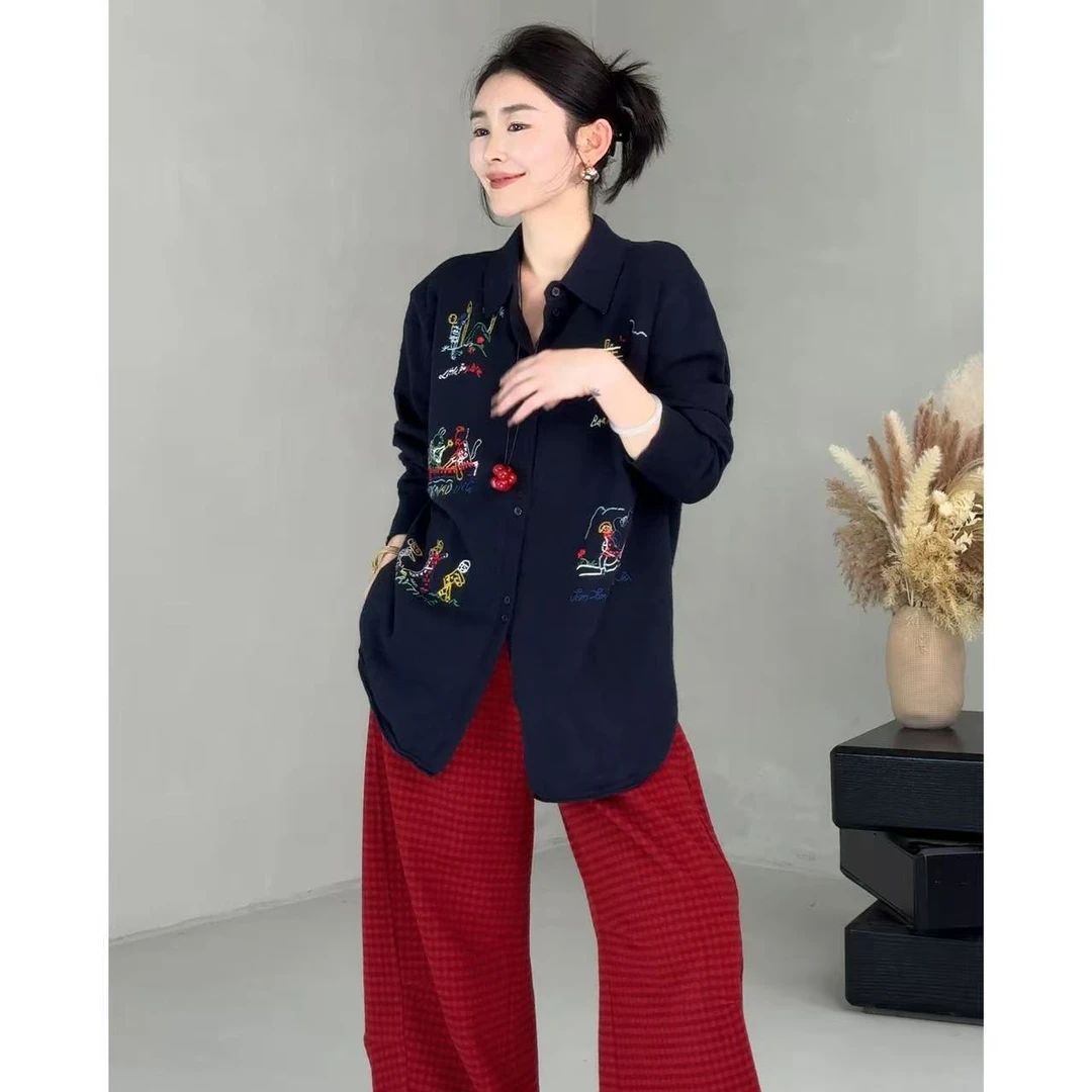 玖玖【画秋】女装秋季毛针织衫衬衫翻领显瘦百搭针织 2509C6321