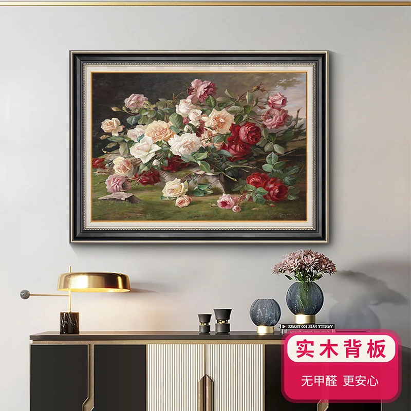 《玫瑰花开》美式装饰画客厅油画横版玄关挂画卧室壁画餐厅背景墙画