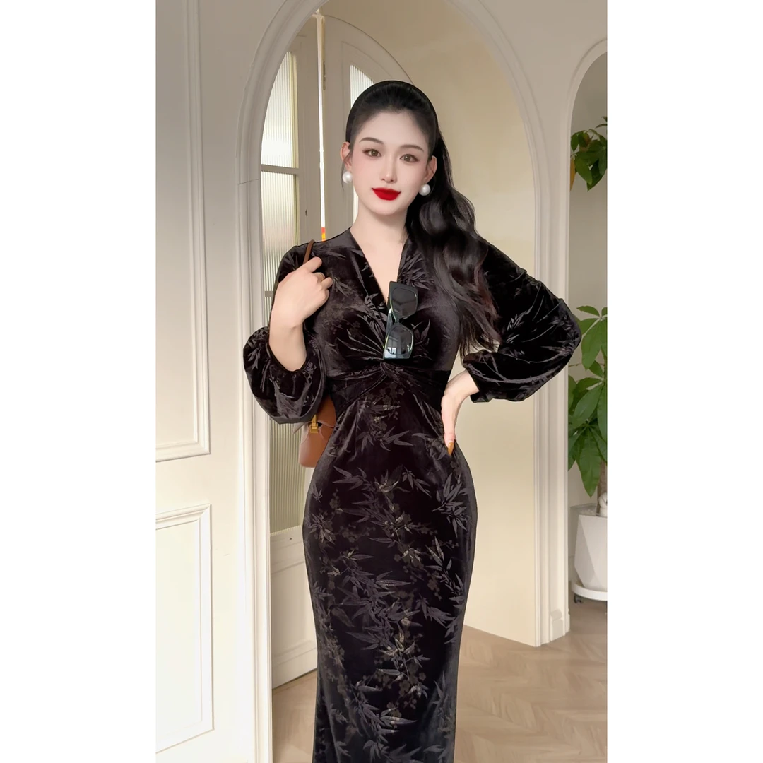 肆意【墨羽】肆意中式设计鱼尾旗袍气质复古黑色显瘦秋冬梨形身材