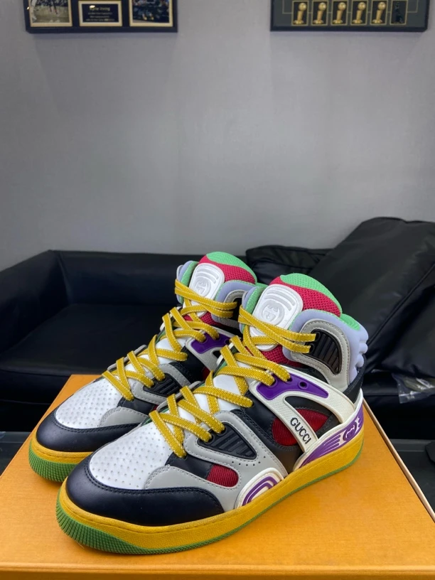 95新 GUCCI/古驰 Basket高帮黑红白做旧板鞋40码无盒无鞋垫