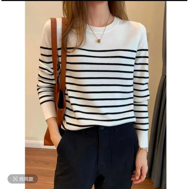 2025春秋新款圆领宽松显瘦遮肉版上衣外穿毛衣女内搭条纹针织衫