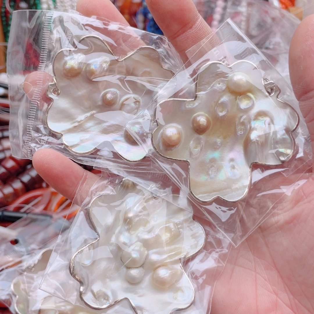 合金玛瑙/玉髓珠宝奇石珍珠贝四叶草形1颗