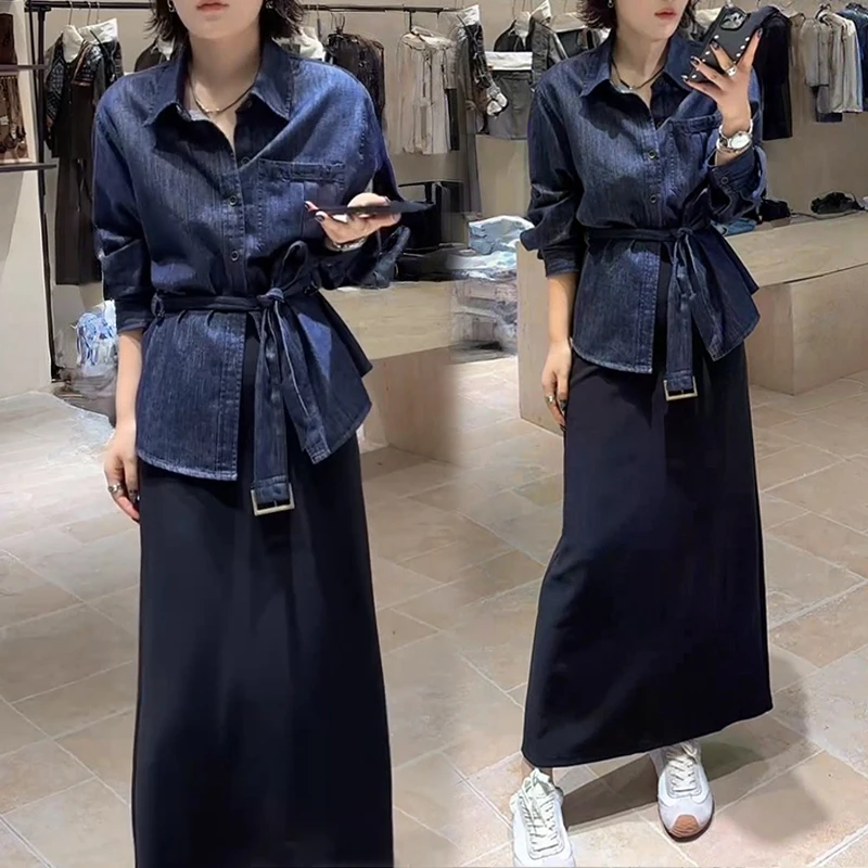 轻熟小众不撞款套装女2025春秋新款系带收腰牛仔衬衫半身裙两件套