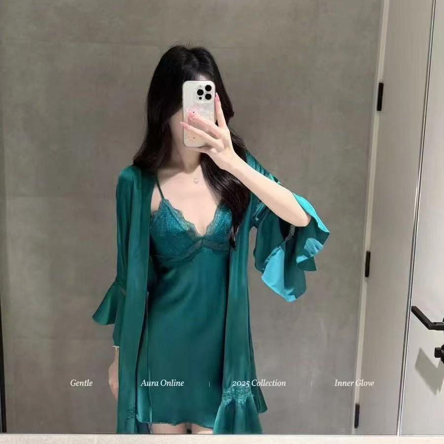 SIEOYJIEA/私迹巨显白琉璃绿性感睡衣女吊带纯欲风外袍家居服