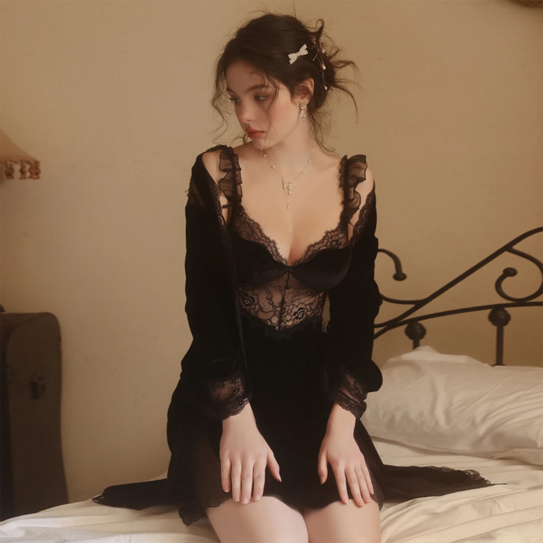 轻奢性感睡衣带胸垫深V低胸网纱透视睡裙舒适系带外袍睡袍两件套