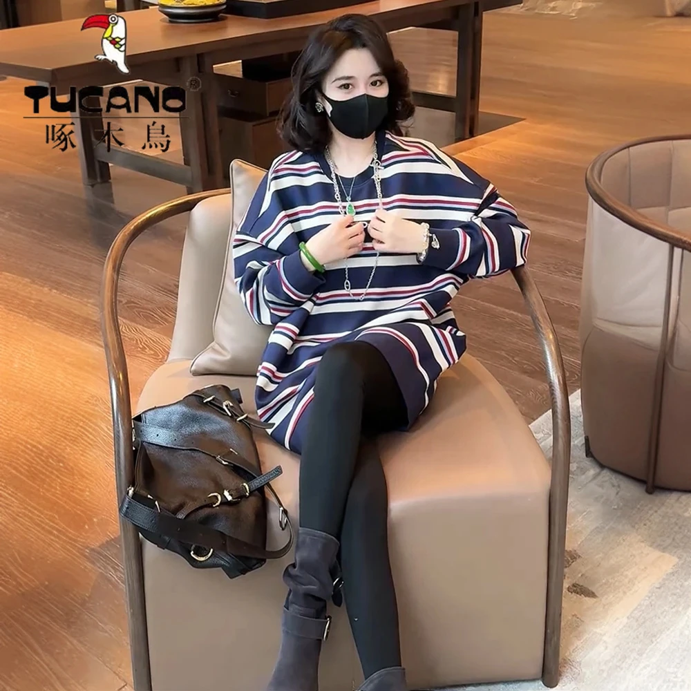 啄木鸟撞色条纹宽松卫衣女装2025春秋季新款中长款圆领打底上衣