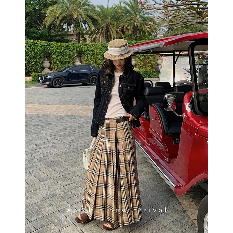 Xzichic易梦玲同款百褶格子半身裙2025春季新款低腰A字长裙子女