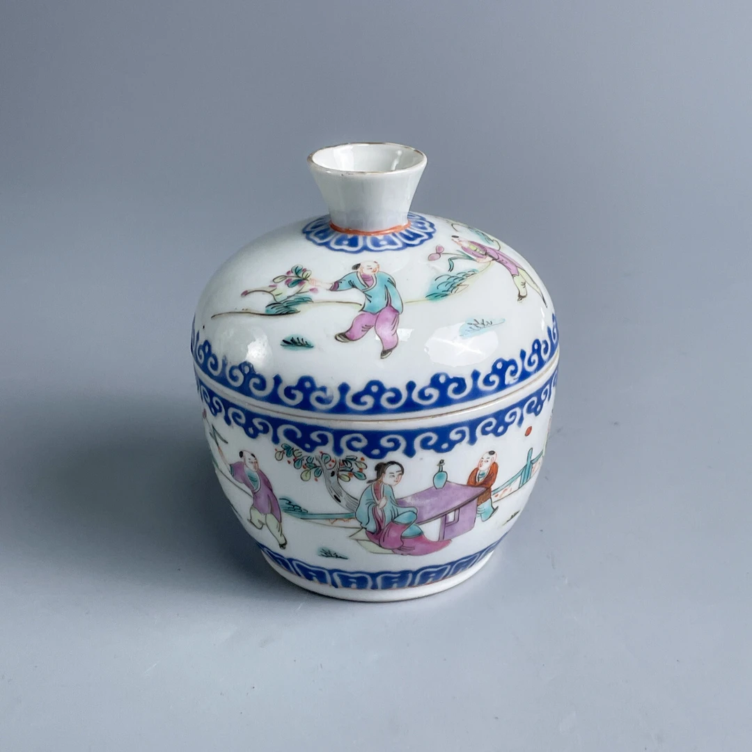 清同治 粉彩蓝料人物盖缸-M25E5002E76