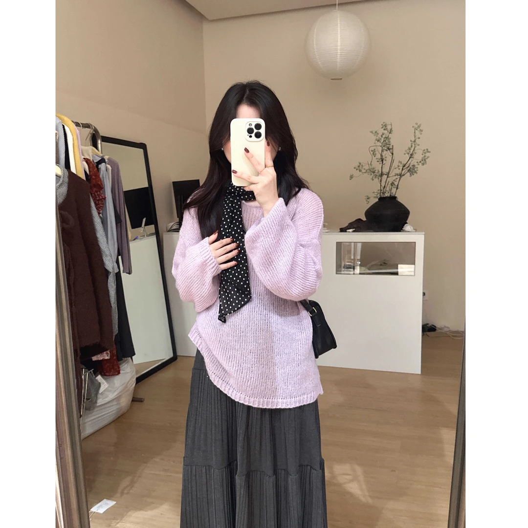 韩系慵懒风宽松长袖紫色毛衣+半身裙气质百搭两件套女