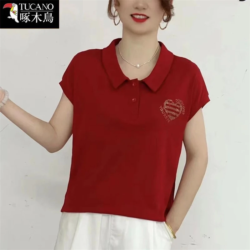啄木鸟夏季纽扣POLO领短袖t恤修身显瘦2025年新款时尚减龄上衣女