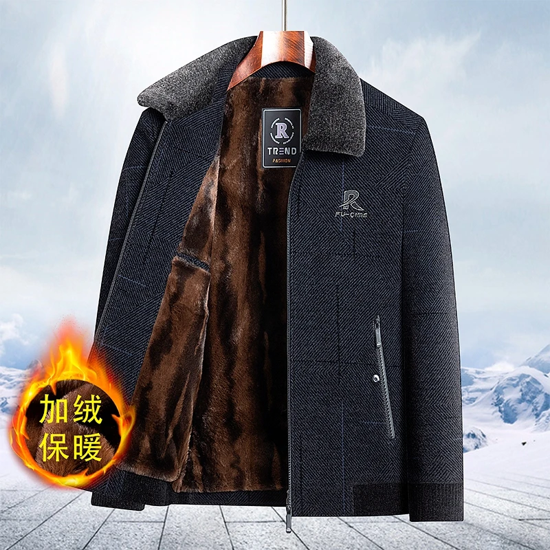 中年老年人加绒加厚保暖男士休闲雪尼尔中老年爸爸装翻领外套