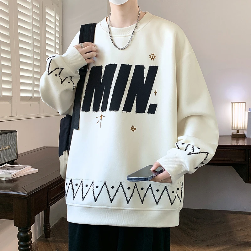 2025青少年春季新款男生圆领大字母印花设计时尚潮牌百搭款长袖t
