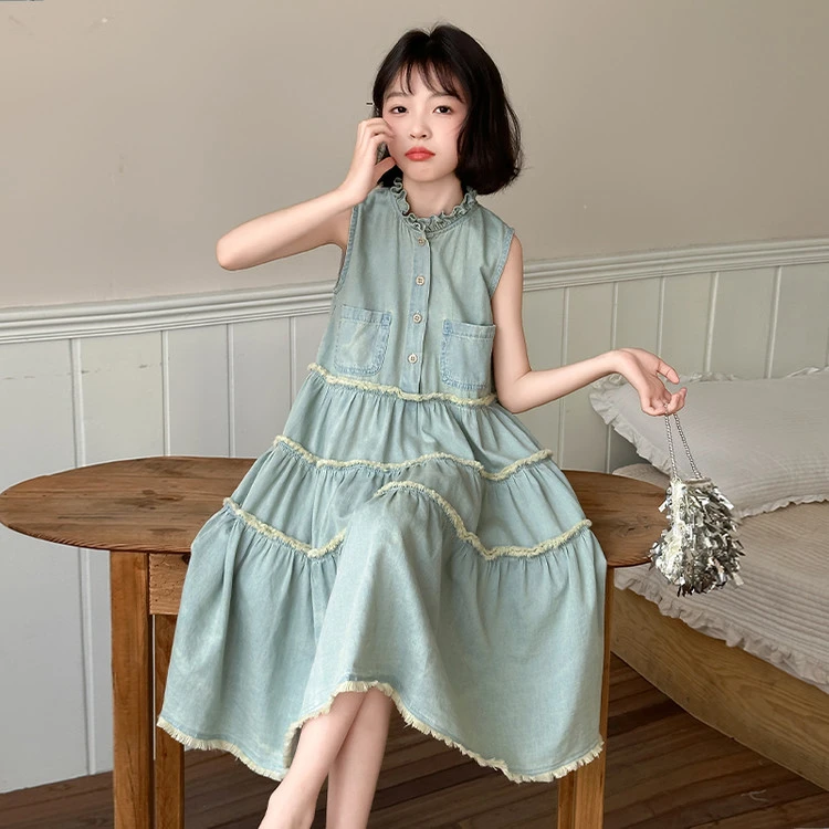 女童夏季连衣裙2025新款洋气牛仔无袖背心长裙女大童公主裙夏装潮