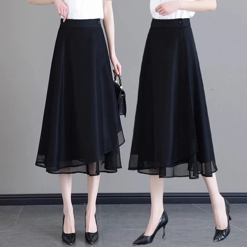 不规则雪纺半身裙女夏季2025新款高腰显瘦中长款半身裙a字百褶裙