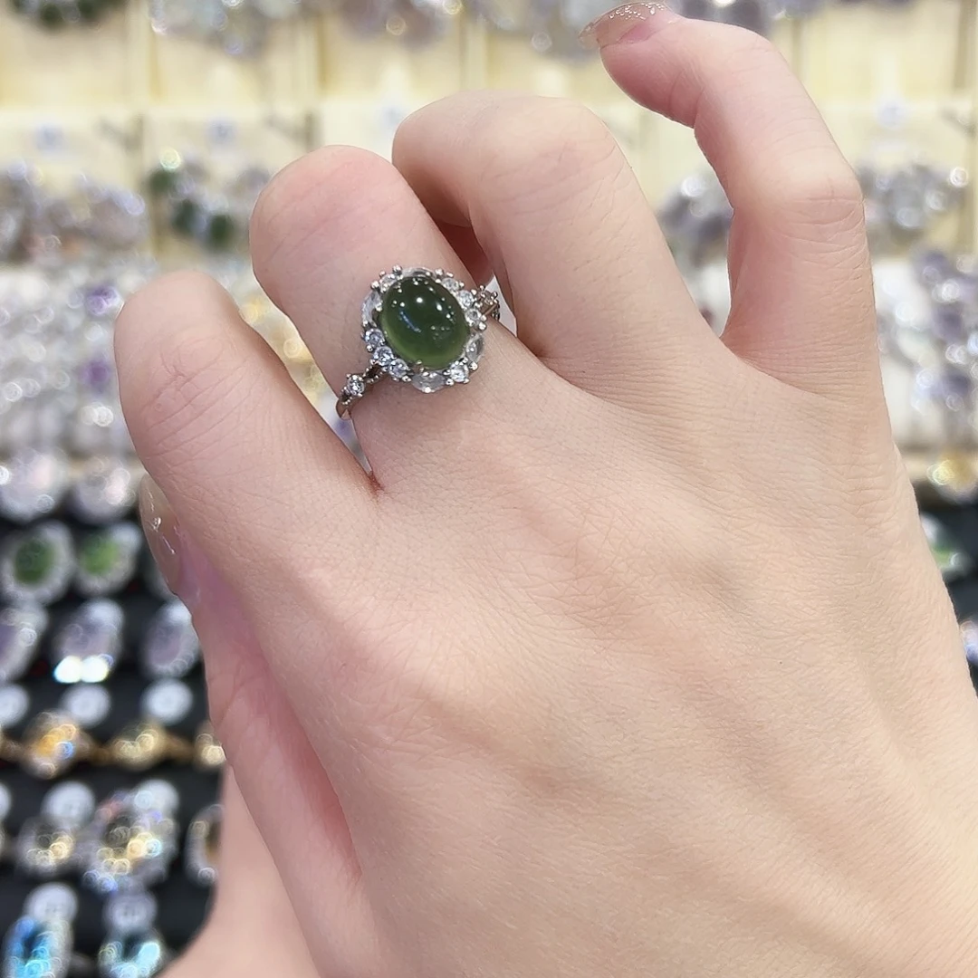 蛇纹石玉银S925镶嵌戒指