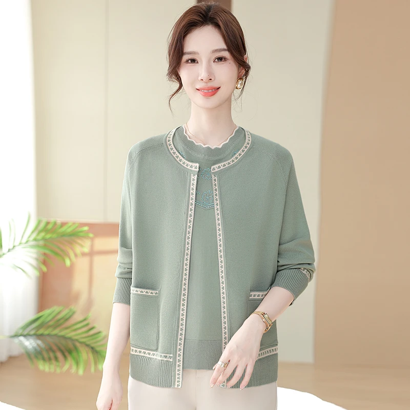妈妈春季新款针织两件套短袖开衫纯色薄款打底衫外套中老年女装洋