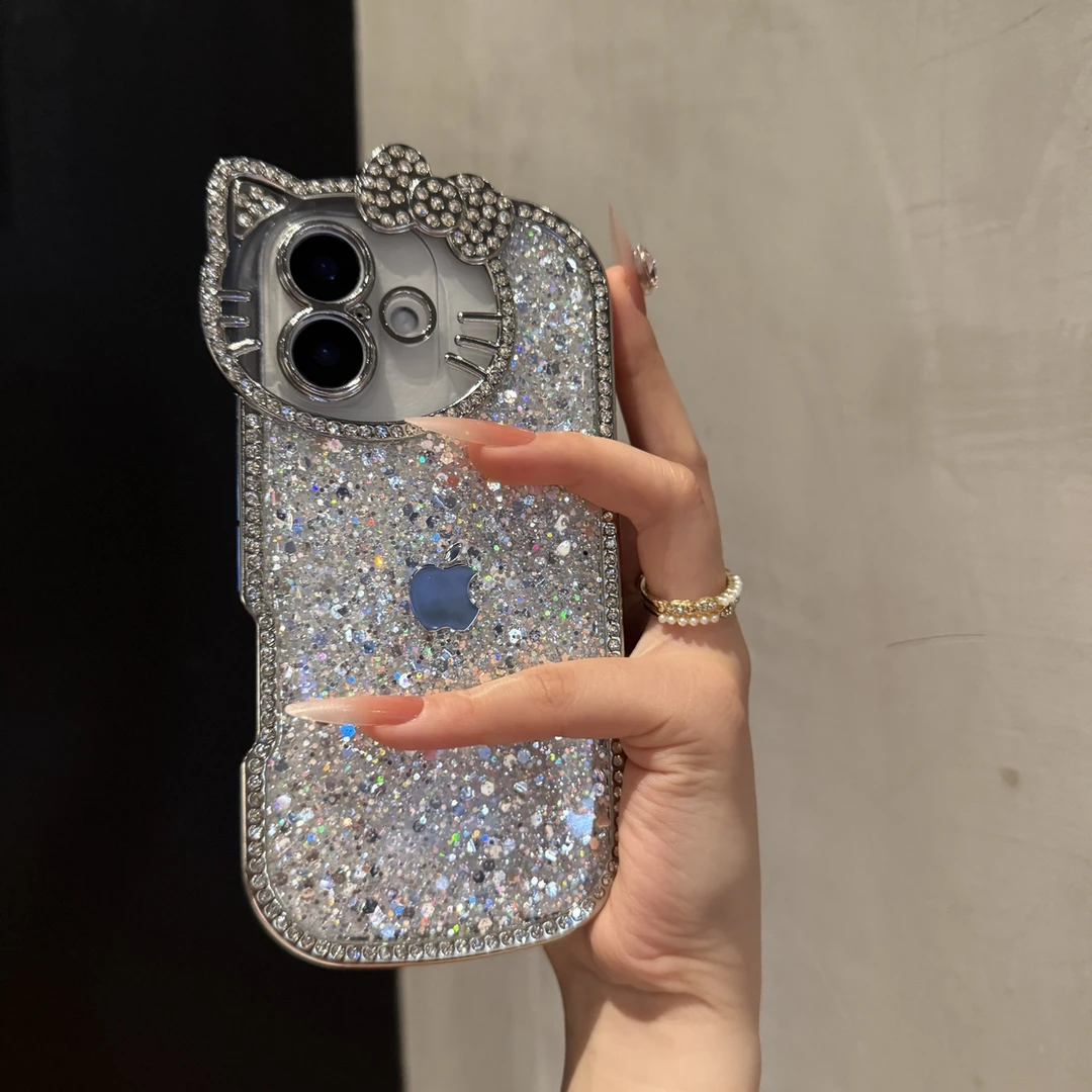 闪粉KT猫镜头适用苹果16promax手机壳个性iPhone15轻奢14小众13女