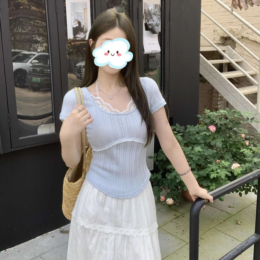 韩系气质假两件蕾丝蓝色短袖t恤女夏季新款修身显瘦镂空上衣