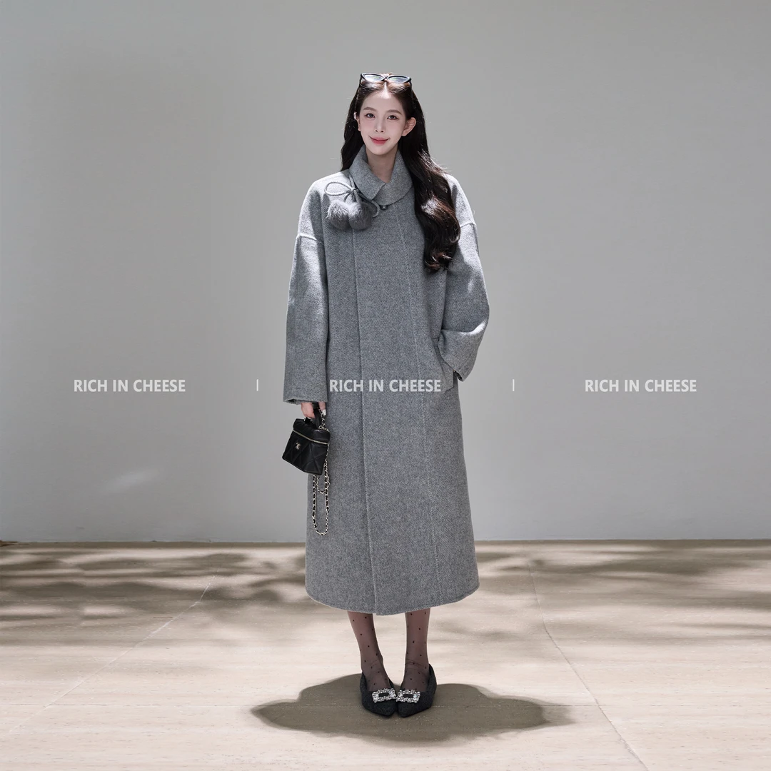 RICHINCHEESE 冬日初雪 绵羊毛韩系时尚百搭高级感中长款毛呢大衣