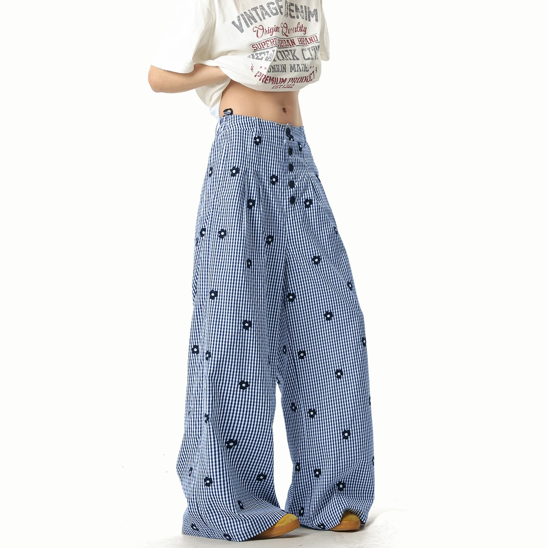 满分趣味刺绣花朵格纹休闲阔腿裤同款裤子男女感高腰直筒拖地裤