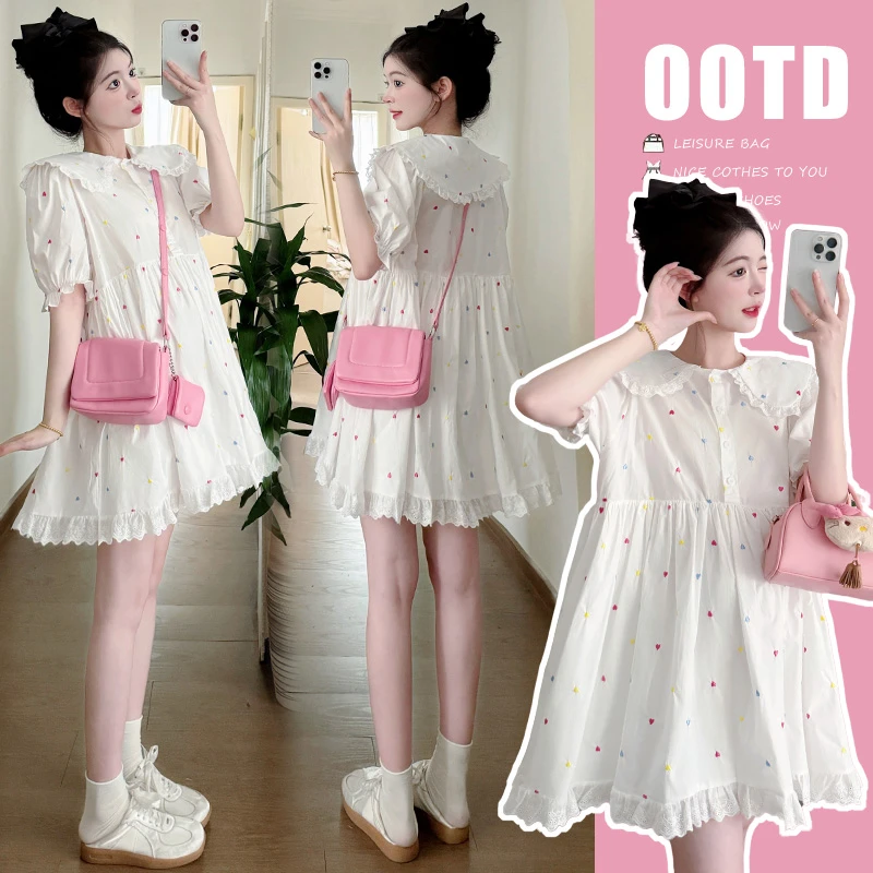 2025夏季孕妇裙娃娃领小清新碎花宽松韩版时尚甜美爱心刺绣娃娃裙