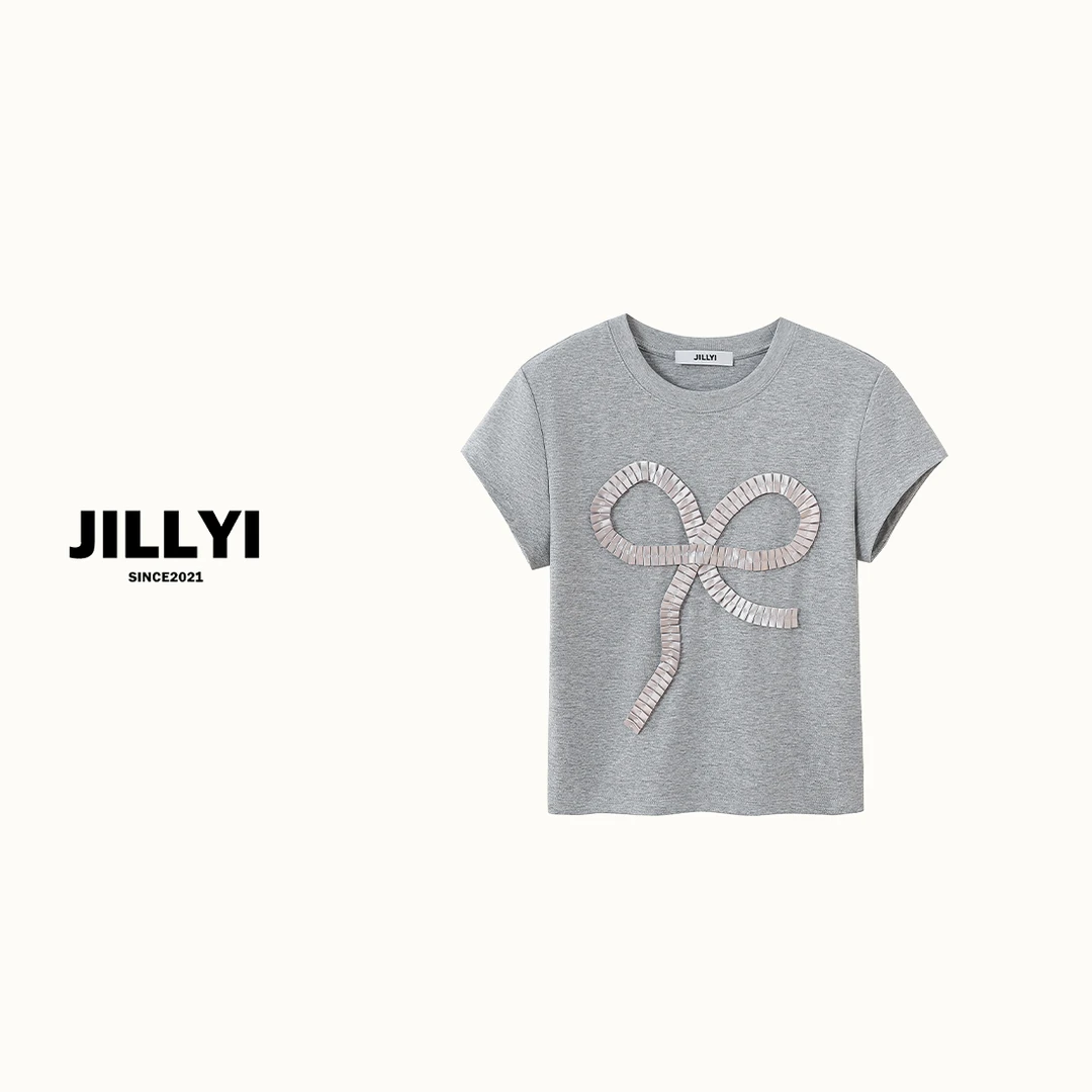 JILLYI南山店【蝴蝶卡片T】灰色圆领胸前立体蝴蝶结装饰时尚百搭T恤