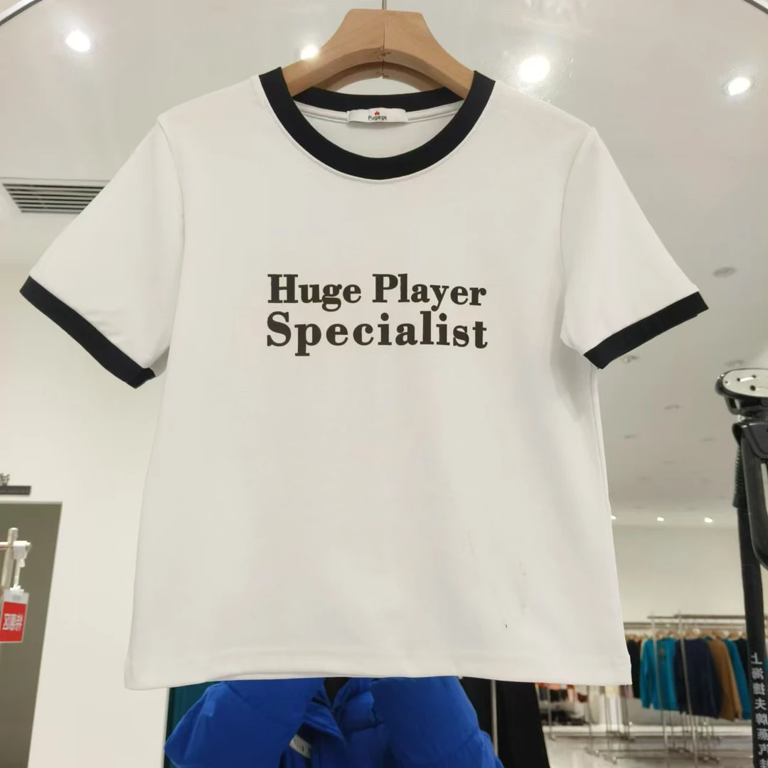 huge印花小版夏季正肩辣妹半袖体恤上衣美式复古修身小个子T恤女