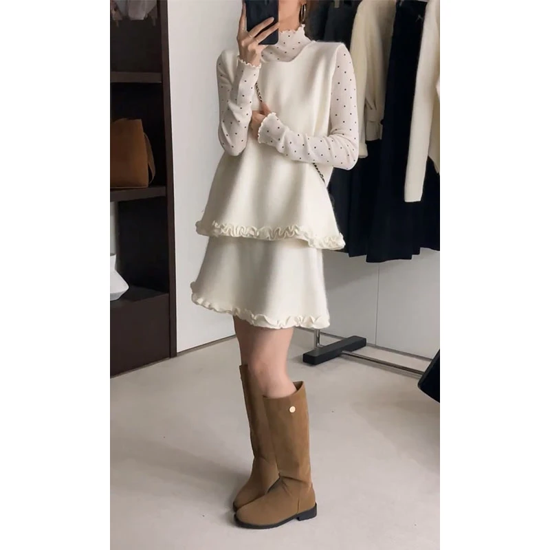 2025秋季新款韩系穿搭半高领波点长袖上衣花边马甲背心高腰半身裙