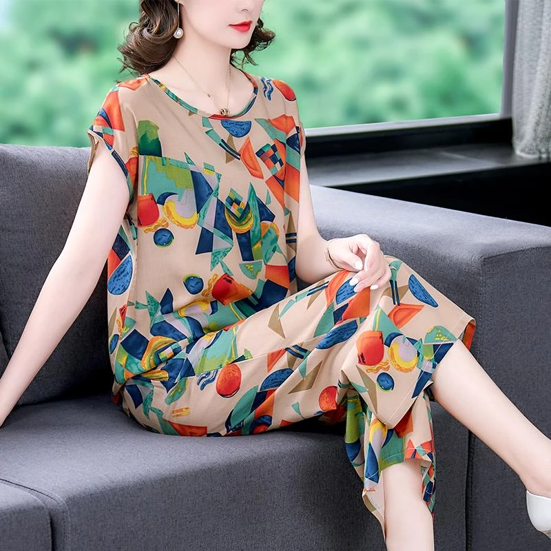 范哲萨棉绸套装女时尚外穿夏两件套短袖妈妈碎花大码正宗棉绸套装