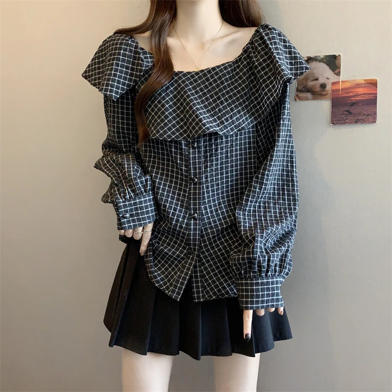 大码女装遮肚子复古格子长袖衬衫女春秋胖妹妹宽松显瘦荷叶边上衣