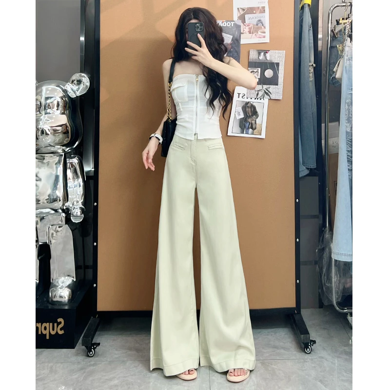 茶绿色莱赛尔天丝阔腿牛仔裤女夏季薄款2025年新款潮流超火直筒裤