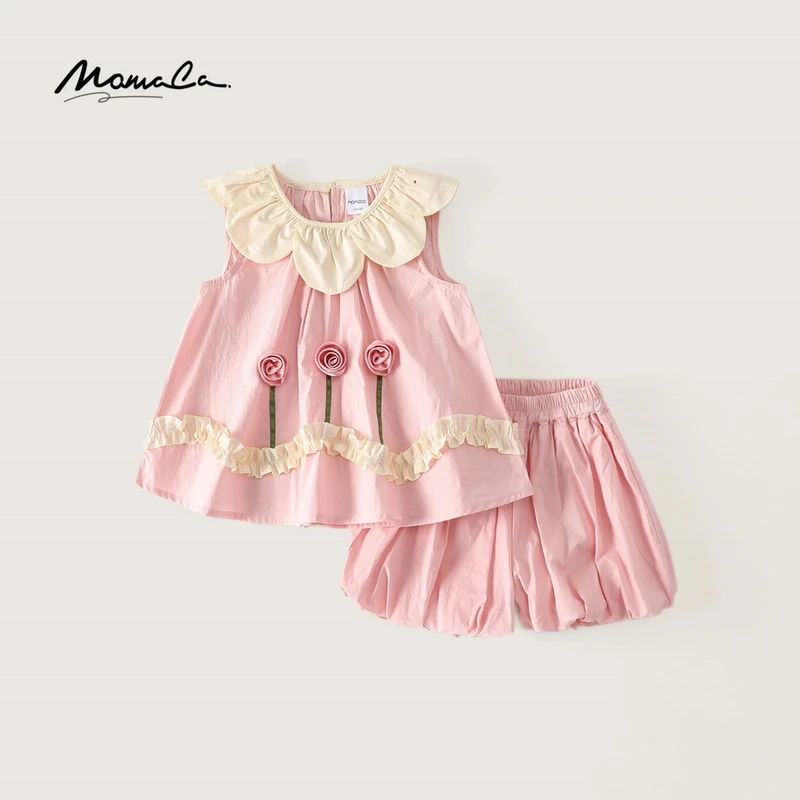 MOMOCO夏季女童新款甜美可爱玫瑰花苞裤花瓣领套装77630578018