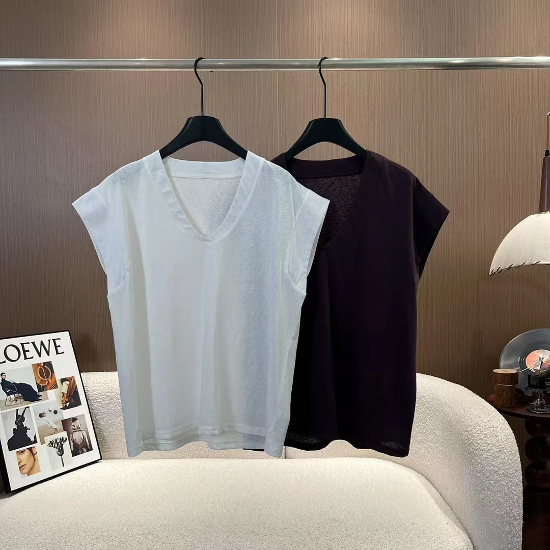 【极简净版】韩系2025夏季新款V领纯色简约时尚无袖短袖上衣253063